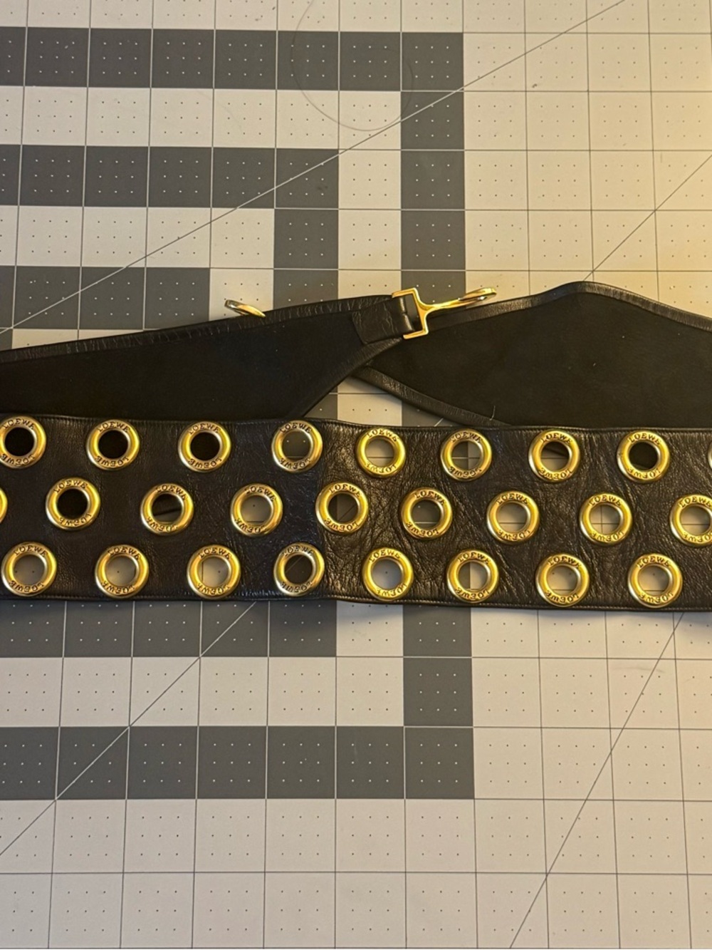 Vintage LOEWE Black Leather Gold Grommet Belt Madrid 1846 Made in France - Picture 5 of 6